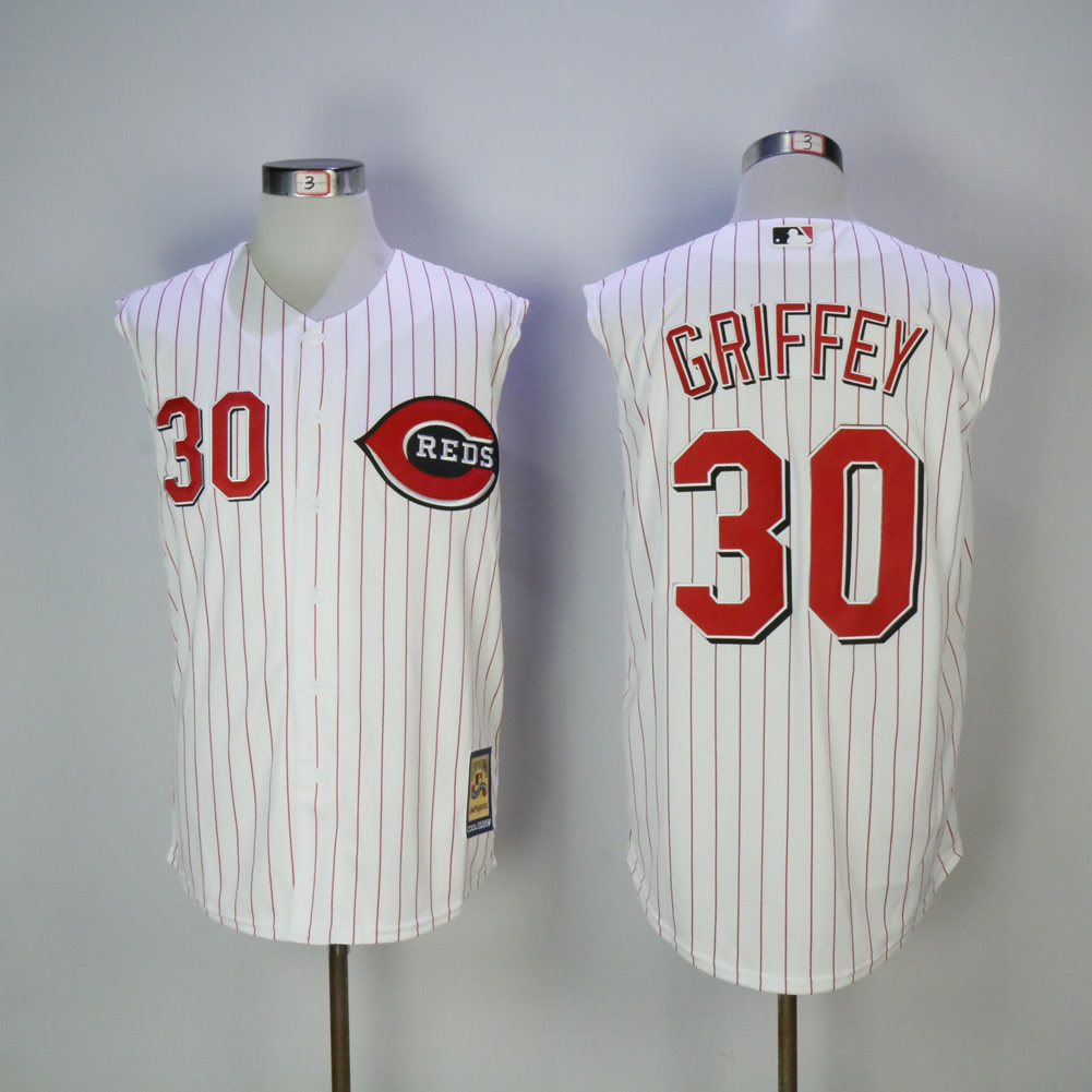 Men MLB Cincinnati Reds #30 Griffey white red strips jerseys->cincinnati reds->MLB Jersey